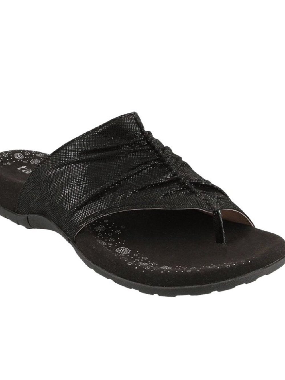 TAOS Black GIFT 2 Pleated Sandals Toe Loop Metallic Printed Leather